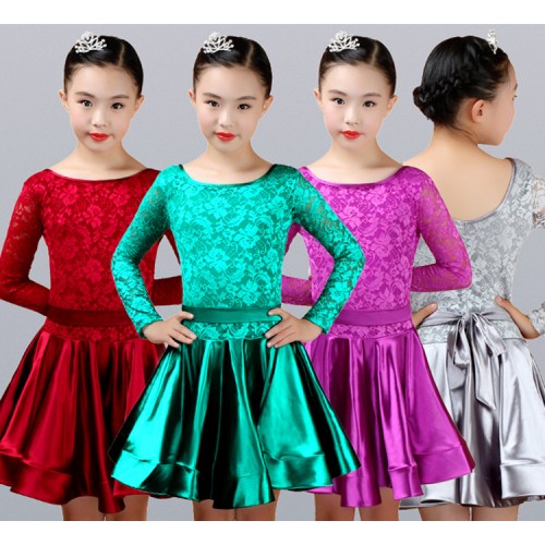 Lace latin dresses competition satin green silver wine stage performance ballroom rumba chacha salsa dancing costumes dresses
